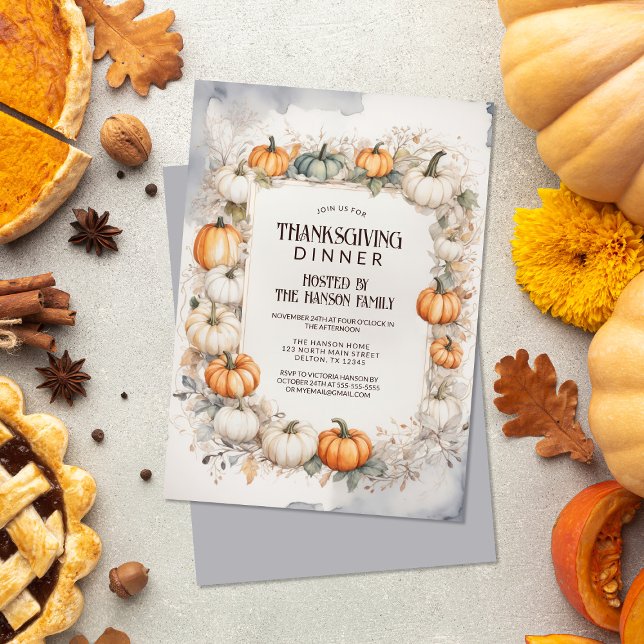 Elegant Watercolor Pumpkin Thanksgiving Dinner Invitation (Creator Uploaded)