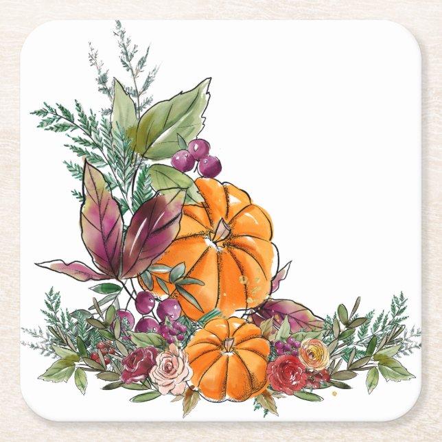 Elegant Watercolor Pumpkins Autumn Foliage Flowers Square Paper Coaster (Front)