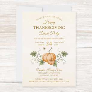 Elegant Watercolor Pumpkins et Bees Thanksgiving Invitation