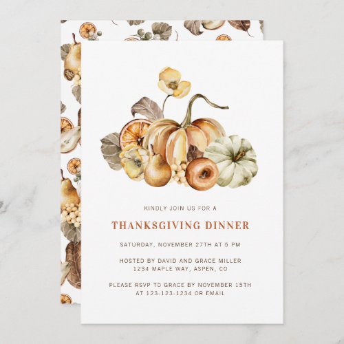 Elegant Watercolor Pumpkins Thanksgiving Dinner Invitation