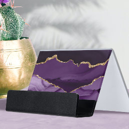 elegant watercolor purple and gold agate desk business card holder