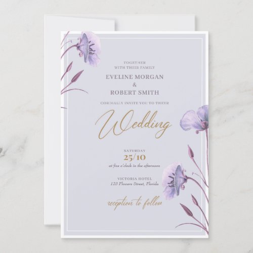 Elegant watercolor purple and gold floral boho invitation