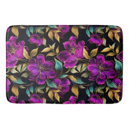 Elegant Watercolor Purple and Teal Flowers Pattern Bath Mat