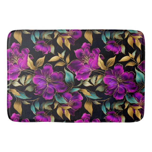 Elegant Watercolor Purple and Teal Flowers Pattern Bath Mat (Front)