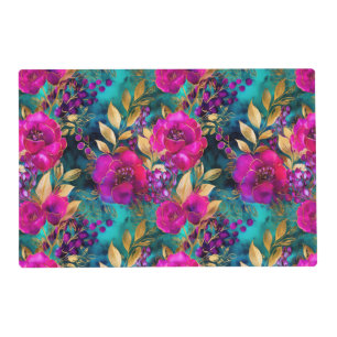 Elegant Watercolor Purple and Teal Flowers Pattern Placemat
