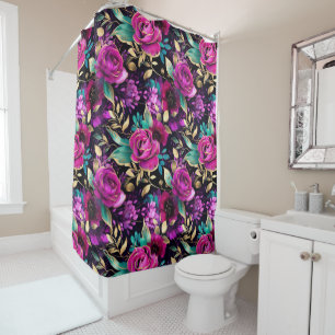 Elegant Watercolor Purple and Teal Flowers Pattern Shower Curtain