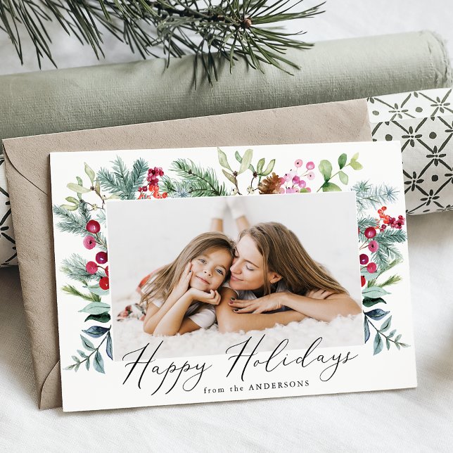 Elegant Watercolor Purple Berries & Greenery Photo Holiday Card (Creator Uploaded)