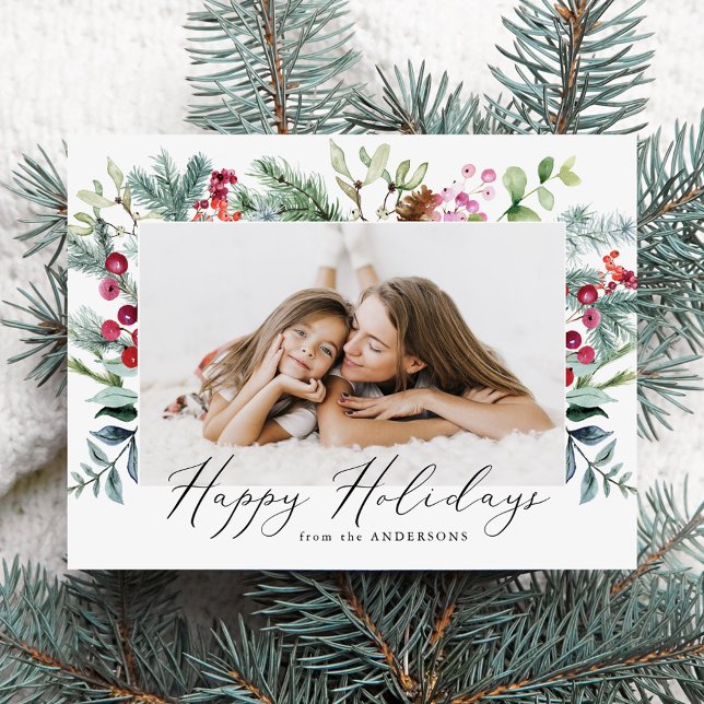 Elegant Watercolor Purple Berries & Greenery Photo Holiday Postcard (Creator Uploaded)