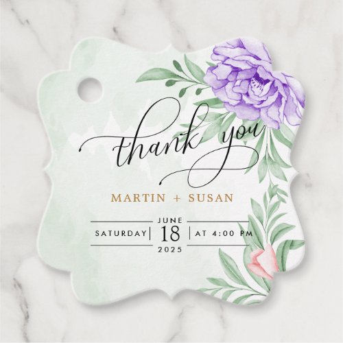 Elegant Watercolor Purple Blooms Bouquet Wedding Favor Tags