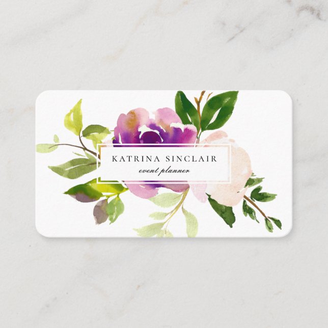 Elegant Watercolor Purple Cassis Floral Business Card (Front)