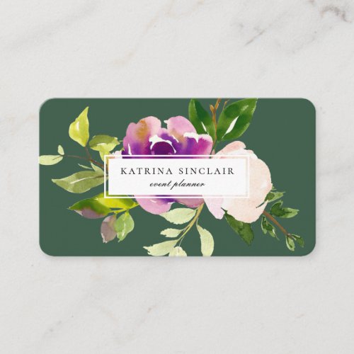 Elegant Watercolor Purple Cassis Floral Green Business Card