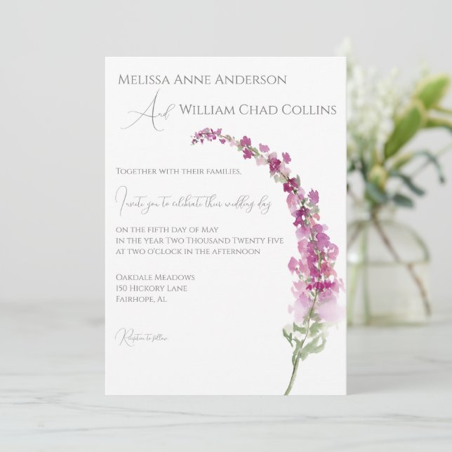 Elegant Watercolor Purple Delphinium Floral Invitation (Standing Front)