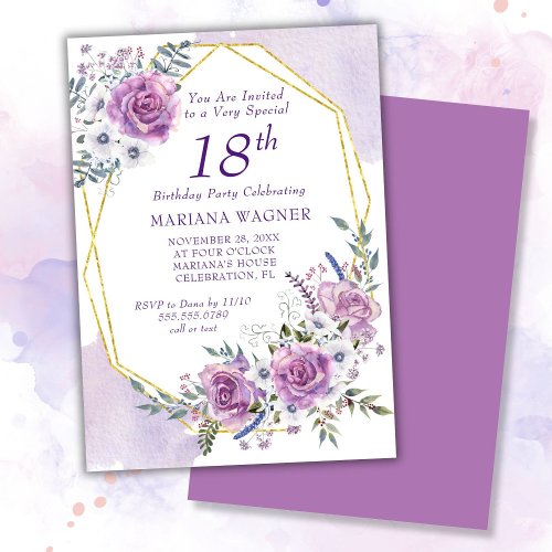 Elegant Watercolor Purple Floral 18th Birthday Invitation