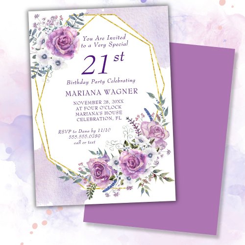 Elegant Watercolor Purple Floral 21st Birthday Invitation