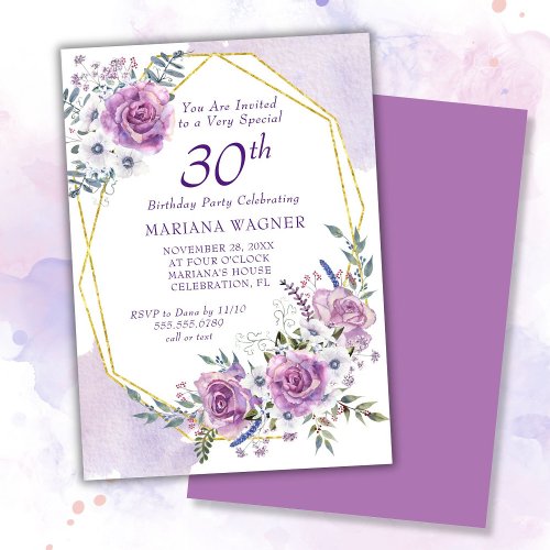 Elegant Watercolor Purple Floral 30th Birthday Invitation