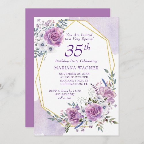 Elegant Watercolor Purple Floral 35th Birthday Invitation