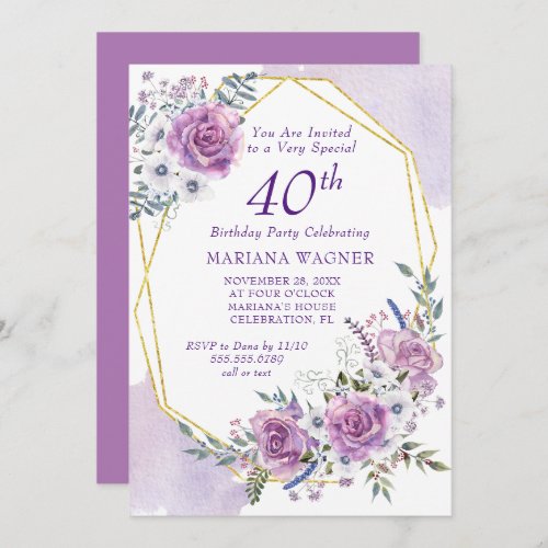 Elegant Watercolor Purple Floral 40th Birthday Invitation