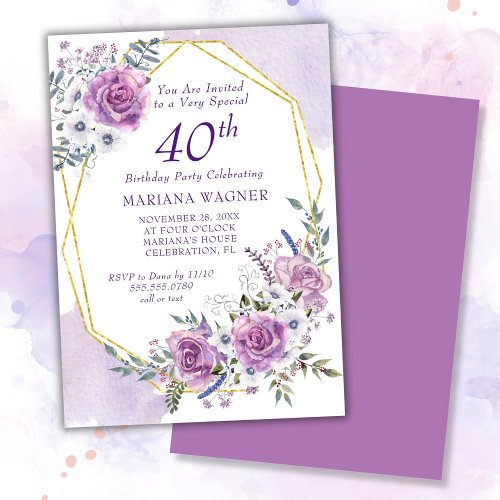 Elegant Watercolor Purple Floral 40th Birthday Invitation