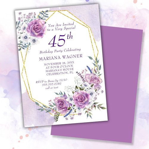 Elegant Watercolor Purple Floral 45th Birthday Invitation