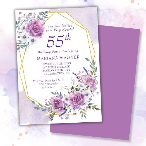 Elegant Watercolor Purple Floral 55th Birthday Invitation