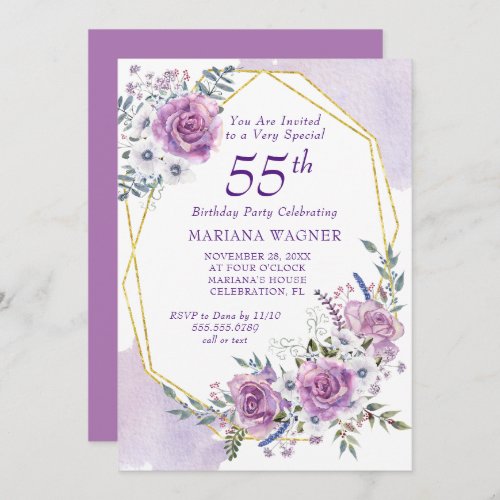 Elegant Watercolor Purple Floral 55th Birthday Invitation