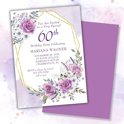 Elegant Watercolor Purple Floral 60th Birthday Invitation