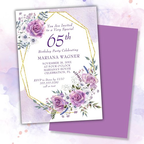 Elegant Watercolor Purple Floral 65th Birthday Invitation