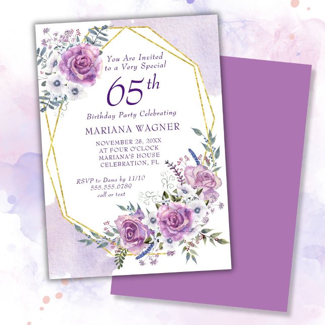 Elegant Watercolor Purple Floral 65th Birthday Invitation (Creator Uploaded)