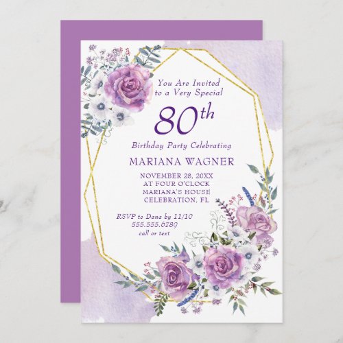 Elegant Watercolor Purple Floral 80th Birthday Invitation