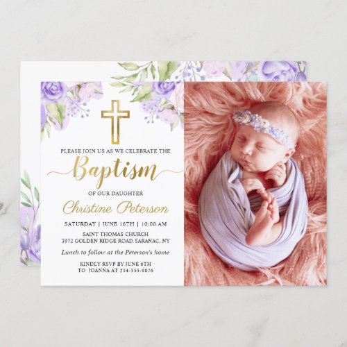 Elegant Watercolor Purple Floral Baptism Photo Invitation