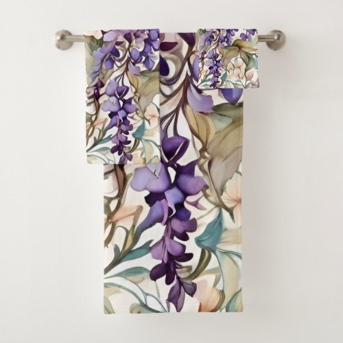 Elegant Watercolor Purple Floral Bath Towel Set