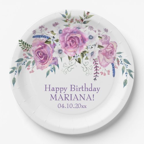 Elegant Watercolor Purple Floral Birthday Party Na Paper Plates