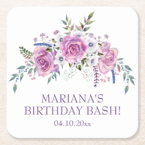 Elegant Watercolor Purple Floral Birthday Party Square Paper Coaster