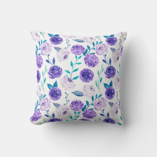 Elegant Watercolor Purple Floral Bouquet  Throw Pillow
