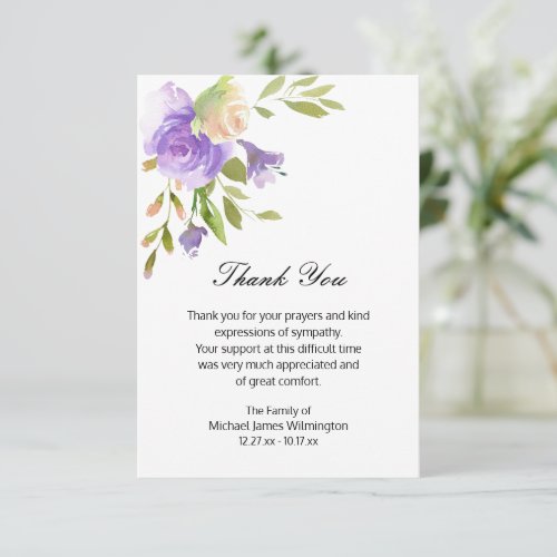 Elegant Watercolor Purple Floral Funeral Thank You Card