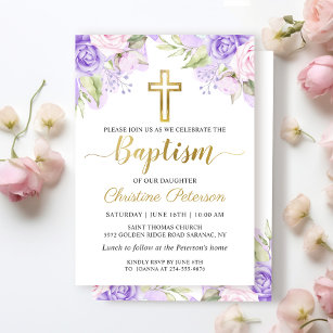 Elegant Watercolor Purple Floral Girl Baptism Invitation
