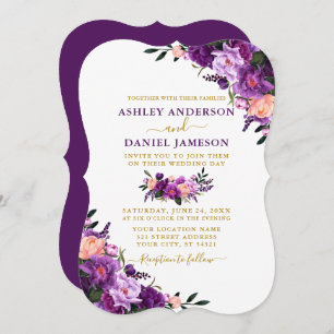 Elegant Watercolor Purple Floral Gold Wedding Invitation