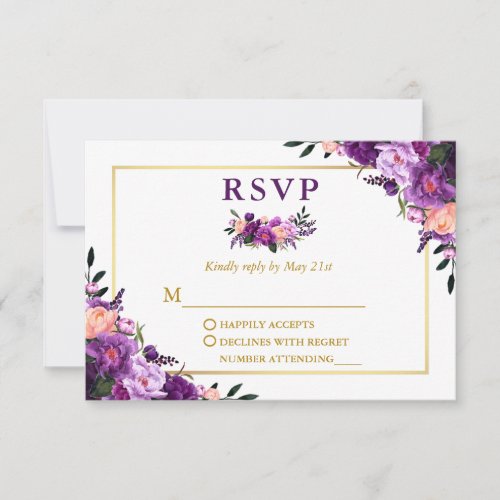 Elegant Watercolor Purple Floral Gold Wedding RSVP Card
