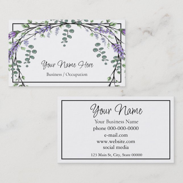 Elegant watercolor purple floral greenery business card (Front/Back)