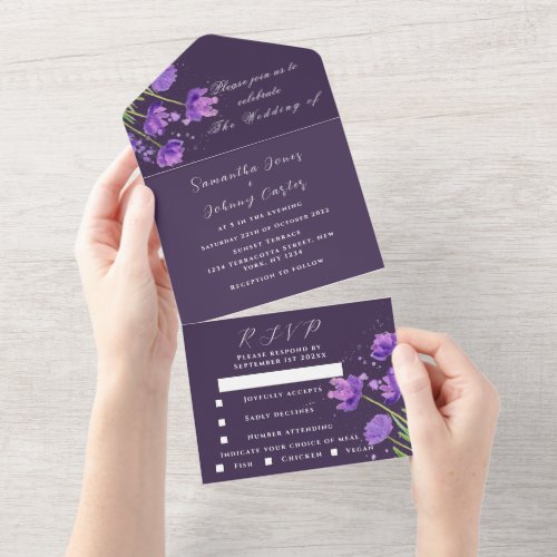 Elegant Watercolor Purple Floral Lilac Wedding All In One Invitation
