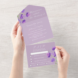 Elegant Watercolor Purple Floral Lilac Wedding All In One Invitation