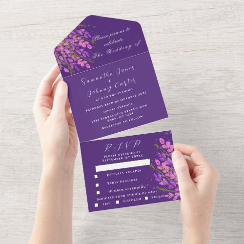 Elegant Watercolor Purple Floral Lilac Wedding All In One Invitation
