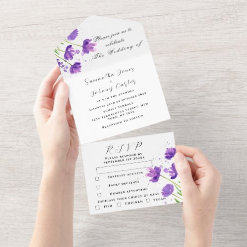 Elegant Watercolor Purple Floral Lilac Wedding  All In One Invitation