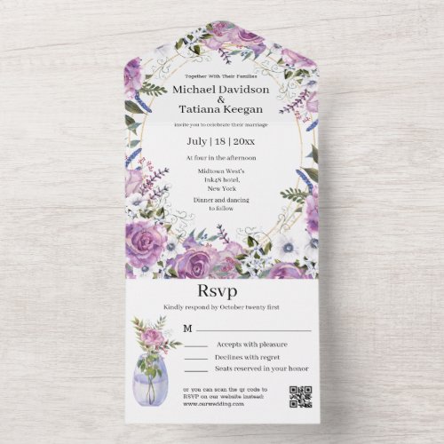 elegant watercolor purple floral qr code wedding  all in one invitation