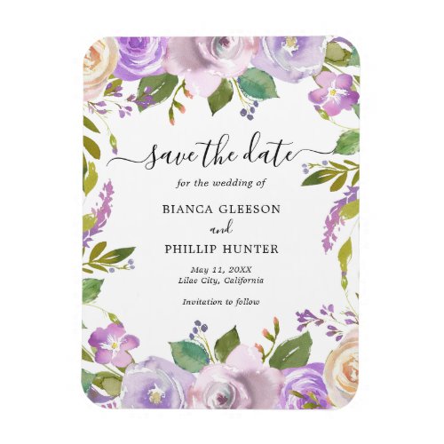 Elegant Watercolor Purple Floral Save the Date Magnet