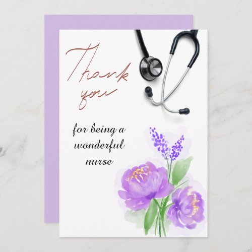 Elegant Watercolor Purple Floral Stethoscope Nurse Thank You Card