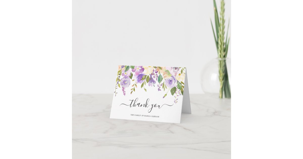Elegant Watercolor Purple Floral Sympathy Funeral Thank You Card | Zazzle