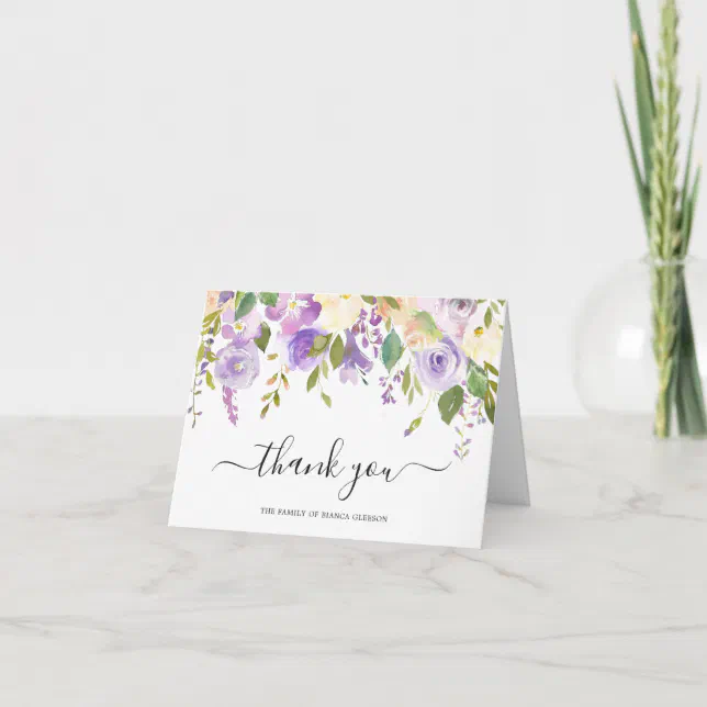 Elegant Watercolor Purple Floral Sympathy Funeral Thank You Card | Zazzle