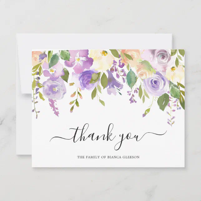 Elegant Watercolor Purple Floral Sympathy Funeral Thank You Card | Zazzle