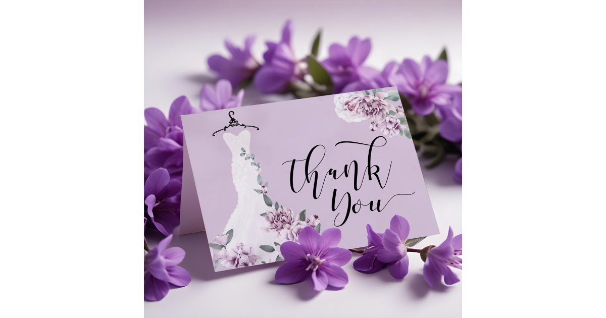 Elegant Watercolor Purple Floral Wedding Dress Thank You Card | Zazzle